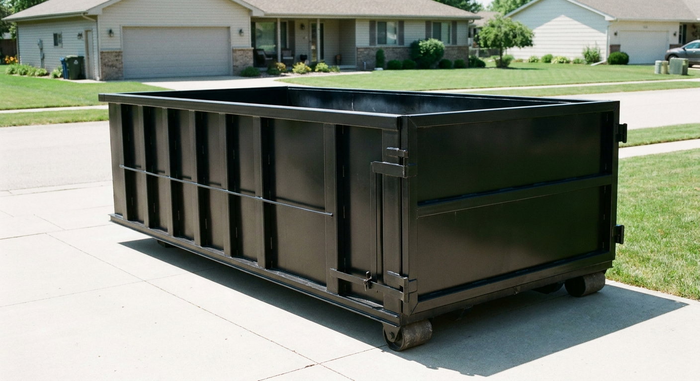 Matte-black 10-yard roll-off dumpster on a residential concrete driveway in Avon Lake, uniformly painted matte black across every panel and rail, ribbed steel sidewalls and rear swing door visible, mid-day daylight.