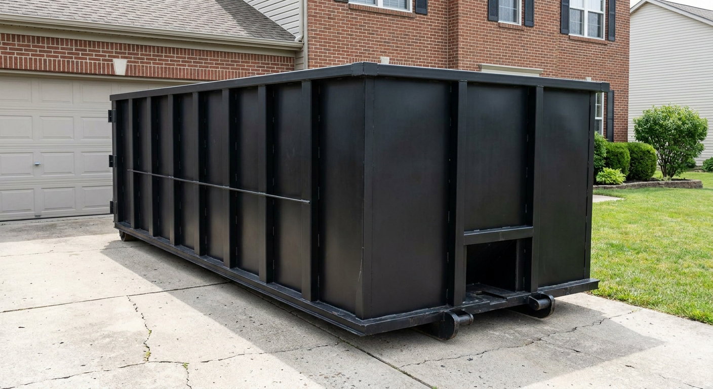Matte-black 20-yard roll-off container on a Avon Lake residential concrete driveway with reinforced ribbed steel sidewalls and a hinged rear walk-in door, clean bright daylight.