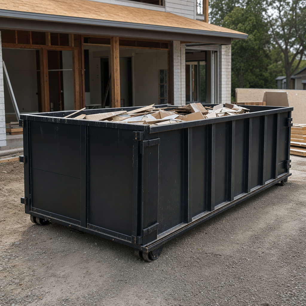Large matte-black 30-yard construction roll-off dumpster at an active Avon Lake jobsite, steel-gray top rails and bottom rollers visible, loaded with construction debris.