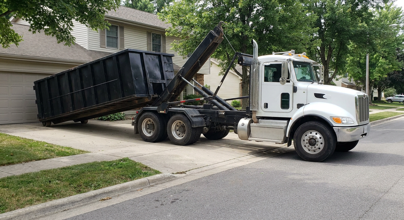 White-cab hooklift roll-off truck actively lowering a matte-black dumpster onto a Avon Lake residential concrete driveway, the dumpster's rear wheels touching the driveway as the hoist arm tilts the bed forward, mid-morning daylight.