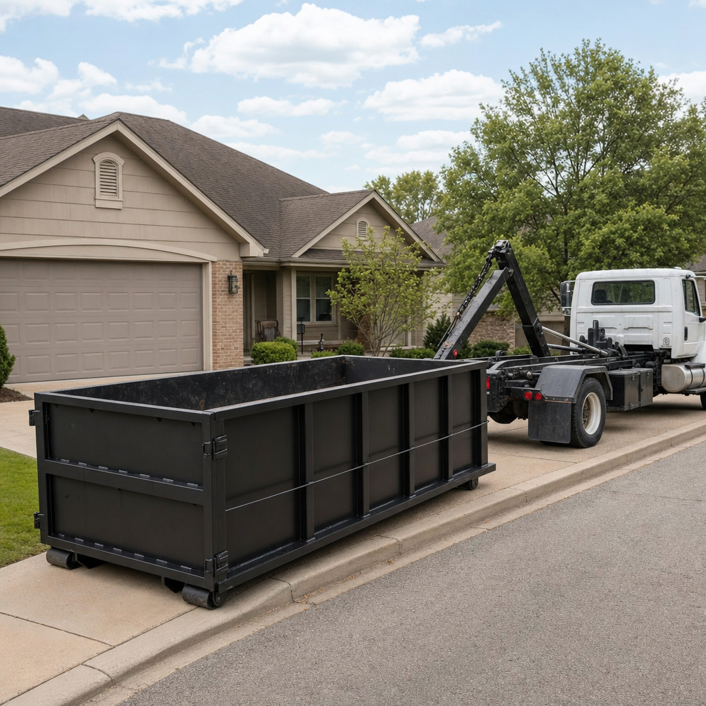 Wide documentary shot of a matte-black roll-off dumpster on a Avon Lake residential driveway in the foreground and a contractor jobsite container in the soft-focus background, bright daylight, calm and orderly composition.