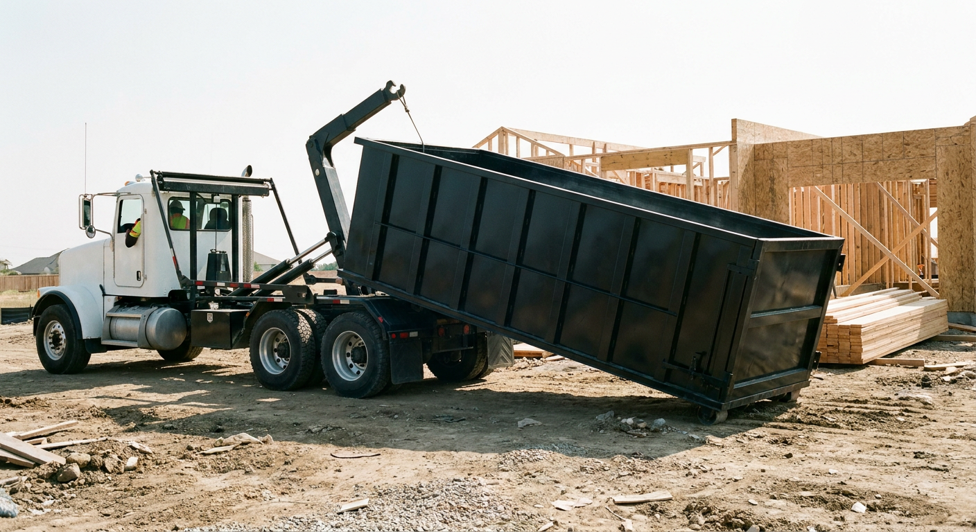 Matte-black roll-off dumpster being delivered onto a clean residential concrete driveway in Avon Lake by an unmarked white hooklift hauler truck, bright morning daylight, documentary 35mm perspective.